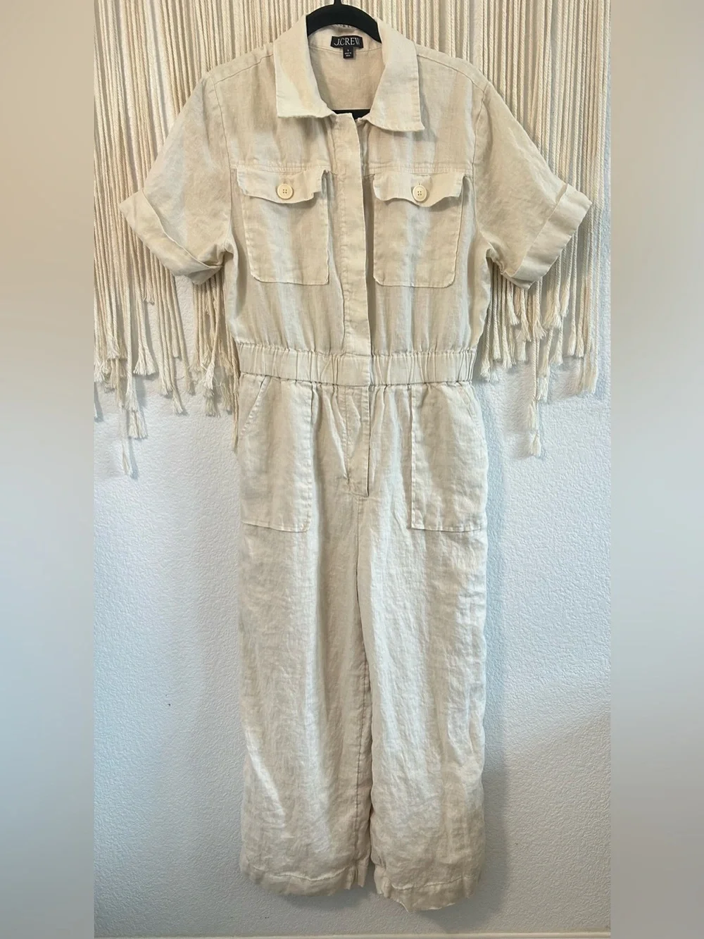 J.Crew 100% Linen Utility Jumpsuit Ivory Wide Leg Collared Short Sleeve